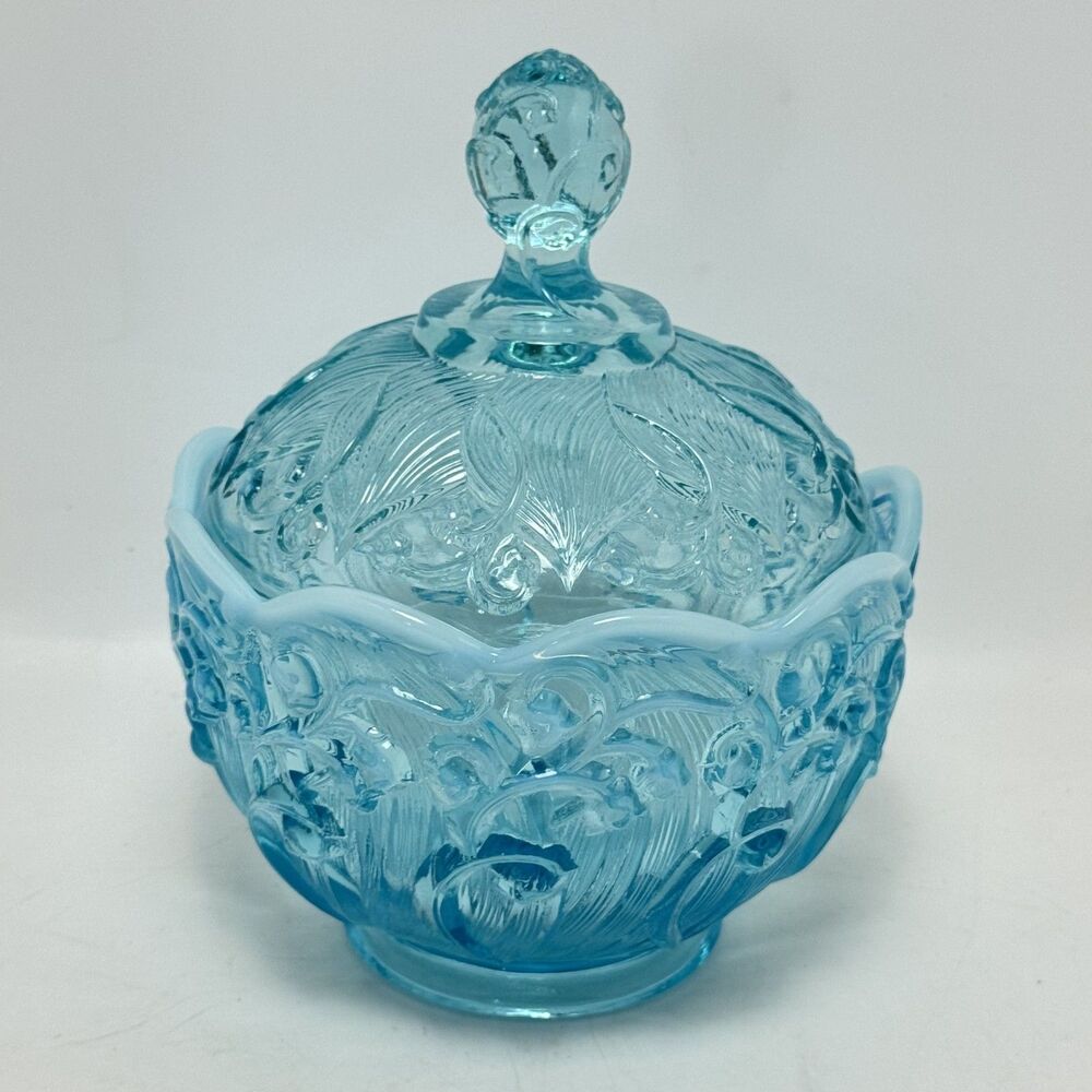 Vintage Fenton Blue Opalescent Lily of the Valley Candy Dish Aqua Ice Blue
